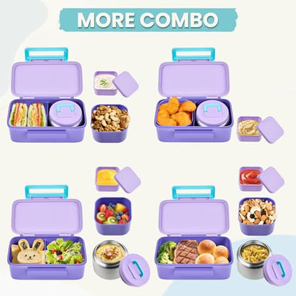 PIQUEBAR Kids Lunch Box with 8oz Thermo, Leakproof Bento Box with Insulated Bag, Kids Insulated Water Bottle, Food Lunch Container for Back to School Girls Boys, Purple - color: Purple