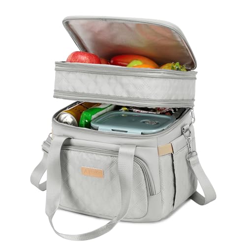 AIJIEKE Lunch Bag for Women, Insulated Double Deck Work Lunch Box, Gray | Durable, leakproof thermal cooler tote. Double compartment, expandable pockets, strap. For travel meal prep, beach, picnic - color: Gray