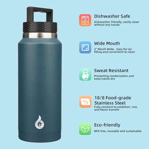 BJPKPK Insulated Water Bottles, Dishwasher Safe 36 oz Water Bottle with Handle, Leakproof BPA Free Thermal Flasks, Stainless Steel Jug for Sports, Navy Blue - color: Navy Blue, style: 36oz