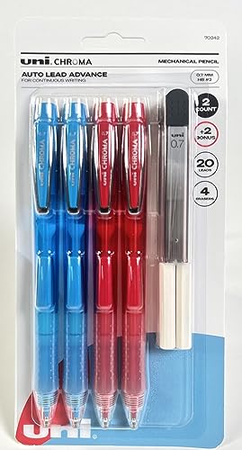 uni-Ball Chroma Mechanical Pencil 4 Pack with Auto-Advancing Lead and Cushioned Grip, Starter Kit with 0.7mm Medium Point Pencil Tips, 20 Lead Refills, and 4 Pencil Eraser Refills, HB #2