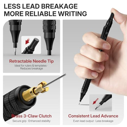 WUO Metal Mechanical Pencil Set, 5-Pack 0.3mm 0.5mm 0.7mm 0.9mm 2.0mm Drafting Pencils with 312 Lead Refills, Precision Eraser Pen, Erasers & Sharpeners for Drawing, Sketching, Writing - color: Black, size: 0.3/0.5/0.7/0.9/2.0