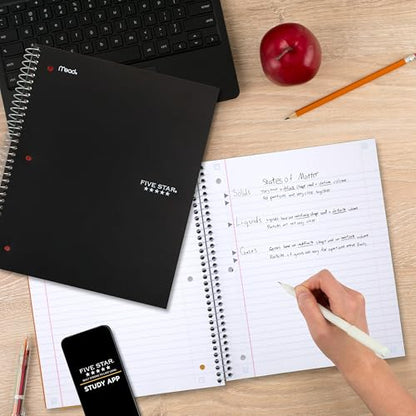 Five Star Spiral Notebook + Study App, 5 Subject, Wide Ruled Paper, 8" x 10-1/2", 200 Sheets, Fights Ink Bleed, Water Resistant Cover, Black (72045) - color: Black, size: 8" x 10.5" (Pack of 1)
