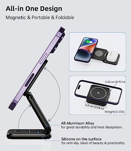 Foldable Magnetic Wireless Charger, KU XIU X40 Aluminum Alloy 3 in 1 Charging Station for Apple, Fast Charging Travel Charger for iPhone 17 16 15 14 13 12, 5W for Apple Watch & AirPods, Black - color: Black