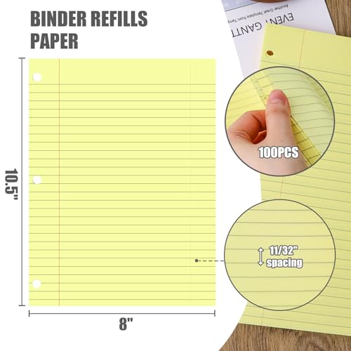 200 Sheets Loose Leaf Paper, 100 Yellow & 100 Blue Wide Ruled Paper, 8"x10.5", 3-Hole Punched for Binders, School, College & Office Use, Fights Ink Bleed