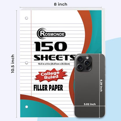 Rosmonde College Ruled Combo, Loose Leaf Paper, 450 Sheets, 6 Pack, 3 Hole Punched, Filler Paper & Spiral Notebook, 6 Pack, 5 Subject, 300 Pages(150 Sheets), 3 Hole Punched, School, College & Office