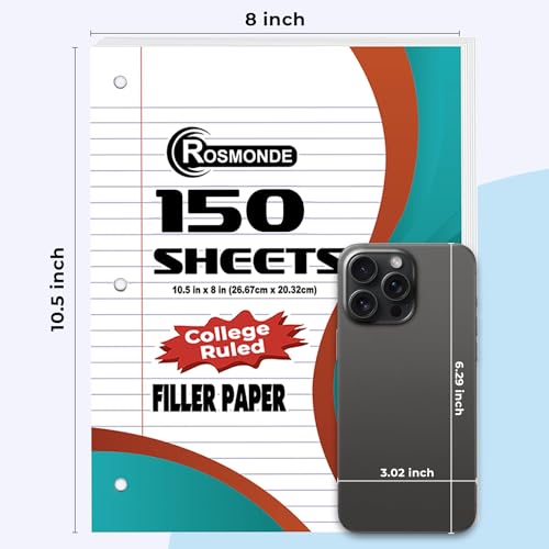 Rosmonde College Ruled Combo, Loose Leaf Paper, 450 Sheets, 6 Pack, 3 Hole Punched & Black Marble 5 Pack Composition Book, Hard Cover, Sturdy Sewn Binding, School, College & Office Supplies