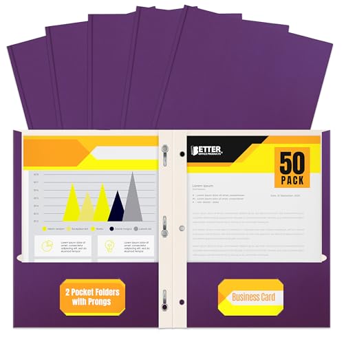 Better Office Products Purple Paper 2 Pocket Folders with Prongs, 50 Pack, Matte Texture, Letter Size Paper Folders, 50 Pack, with 3 Metal Prong Fastener Clips, Purple - color: Purple