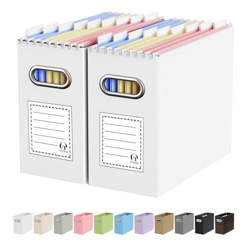 Oterri Portable Collapsible Cardboard File Box with Handle for Letter-Size | 2-Pack. Stainless Steel Handle. Label Stickers Included. Fits Letter Folders (Not Included). Home, Office, School, Dorm, Tax. - color: White, size: Letter Size - 2 Packs