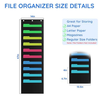 ZKOO 10 Pockets Hanging Wall File Organizer for A4 Size Paper/Legal/Letter Size Document, Sturdy Wall Mail Organizer Black Pocket Chart Great for Classroom, Office, Home Use with 3 Hangers - size: 10 Pocket