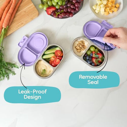 Good Bare Stainless Steel Snack Container for Kids | 2-Compartment Metal Bento Box | Removable Silicone Seal, BPA-Free | Leak-Resistant, Dishwasher Safe | Updated Easy-Open Latch - color: Lavender Mist