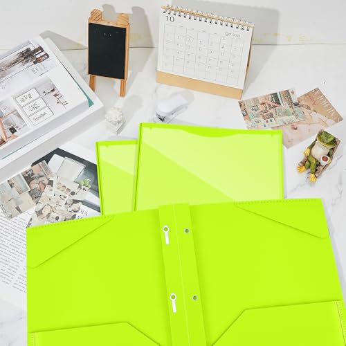 Henoyso 48 Pcs Plastic Folder with Clear Front Pocket and 3 Prongs Heavy Duty Plastic Folders with Card Slot Pocket Folders with Prongs for School Office Home(Fluorescent Green) - color: Fluorescent Green