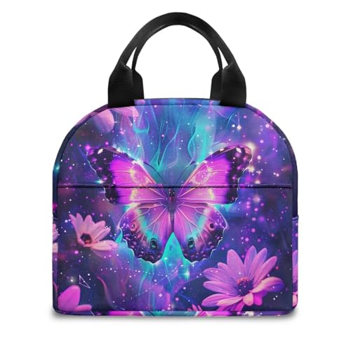Purple Butterfly Lunch Bag Kids Thermal Picnic Cool Bags Leakproof Portable Lunch Box Large Thermal Cooler Bag for School Camping Picnic - color: Purple Butterfly Floral