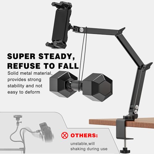 Tablet Stand Holder, iPad Desk Mount with 360°Rotate Base, Adjustable Foldable Sturdy Arm iPad Holder, Metal Clamp for Desktop Table Bed Kitchen, Compatible with 4.7-13.5inch Tablets