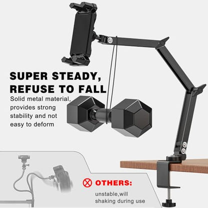 Tablet Stand Holder, iPad Desk Mount with 360°Rotate Base, Adjustable Foldable Sturdy Arm iPad Holder, Metal Clamp for Desktop Table Bed Kitchen, Compatible with 4.7-13.5inch Tablets