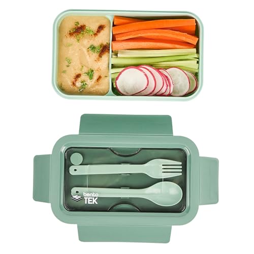 Restaurantware-Bento Tek 28.7 Ounce Bento Box, 1 Reusable Lunch Container - With Fork And Spoon, Does Not Contain BPA, Green Plastic Reusable Lunch Box, Microwavable, Dishwashable - size: 1 Count, style: 29 oz - Green