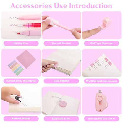 Mini School Supplies Kit, Pink Stapler with Staples and Tape Dispenser Set, Mini Stationary Set Includes Sticky Notes Index Tabs Highlighters Gel Pens for Office & Back to School Supplies - color: Pink