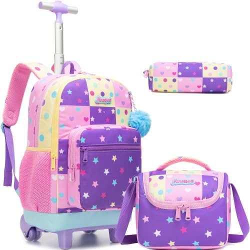 Girls Rolling Backpack with Lunch Box School Backpacks with Wheels 16.5" Roller Backpack for Girls, 3pcs Kids Wheeled Bookbag for Elementary School - color: Duosewujiaoxing