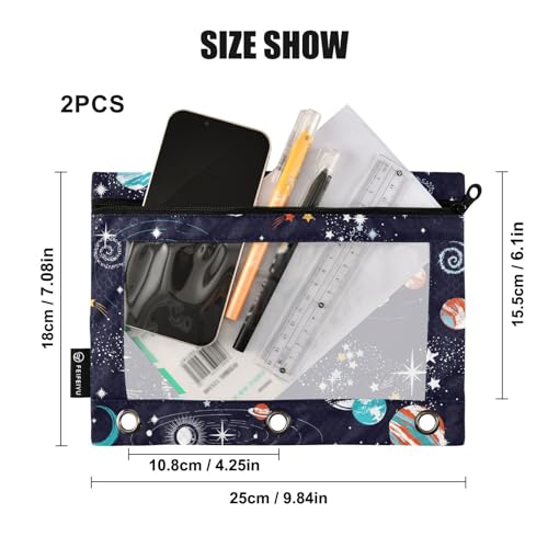 ZAZYXTJ Personalized Space Binder Pencil Pouchs 3 Ring | with Zipper Clear Window Office Organizers bag for School Students Teacher Supplies 2 Pack - color: Space
