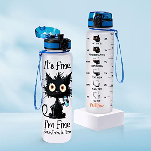 34HD Crazy Cat Water Bottle 32 oz with Time Marker, Funny Cat Lover Gifts for Women, It's Fine Everything Is Fine, Tritan Motivational Water Bottles - color: Everything Is Fine
