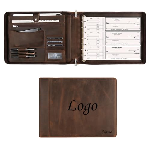 Personalized Leather Business Checkbook Binder - 7 Ring Check Binder Engraved Business Check Book Holder for 3 Per Page 600 Checks Capacity for 9 x 13 inch Sheets, Dark Kahki - Custom - color: Dark Khaki, size: Custom