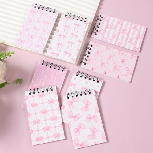 8 Pcs Mini Pink Bow Spiral Notebooks 3.9 x2.4 Inch, Cute Coquette White Pink Aesthetic Journal Lined Memo Pad with Different Bow Design, Preppy Top Spiral Notebook for Women Birthday Party Gifts Home - color: Pink Bow