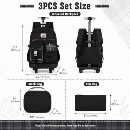 gxtvo 3PCS Rolling Backpack for Women, Girls Wheeled Bookbag with Lunch Box for Adults, Water Resistant Roller School Bag for College Teens Kids Travel - Black - color: 3pcs Set Black