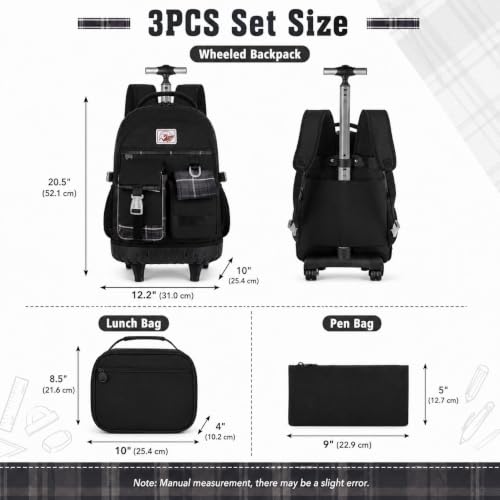 gxtvo 3PCS Rolling Backpack for Women, Girls Wheeled Bookbag with Lunch Box for Adults, Water Resistant Roller School Bag for College Teens Kids Travel - Black - color: 3pcs Set Black