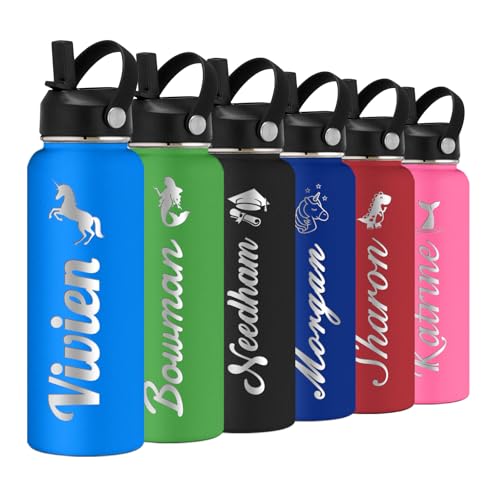 Personalized Water Bottle with Straw Lid for School,Custom Engraved Insulated Stainless Steel Sports Water Bottle with Name for Girls Boys Women Men(24oz/32oz/40oz,12 Colors) - color: Blue, style: Cartoon