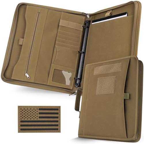 Livans Portfolio Padfolio Binder Detachable 3-Ring Planner (Large 12x13.6) | Zip Notebook Cover, Handle Art Portfolio Bag, 25 Sheets A4 Letter Paper, 1“ O-Ring, for Gift Out-Work Travels Office School - color: Khaki