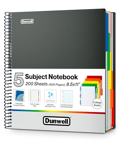 Dunwell 5-Subject Notebook, College Ruled, Colorful Movable Pocket Dividers with Tabs, Front/Back Plastic Covers, 200 Sheets (400 Pages) of 3-Hole Punch Perforated 8.5x11 Paper - color: Black