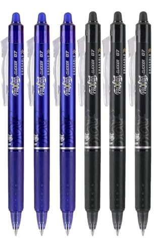 Advantage Gifts Frixion Clicker Retractable Erasable Gel Pens Fine Point (.7mm) Assorted Colors Black/Blue Ink 6-pk; Bundle with Plastic Reusable Pouch - color: Black/Blue, size: 1 Count (Pack of 6)