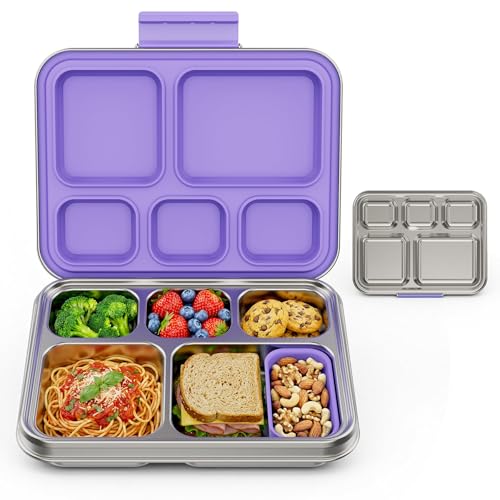 Pawtong Stainless Steel Lunch Box, 5-Compartment Bento Lunch Box for Kids & Adults,Metal Lunch Box with Removable Silicone Container, Lunch Box Containers for School,Office(Purple) - color: Purple