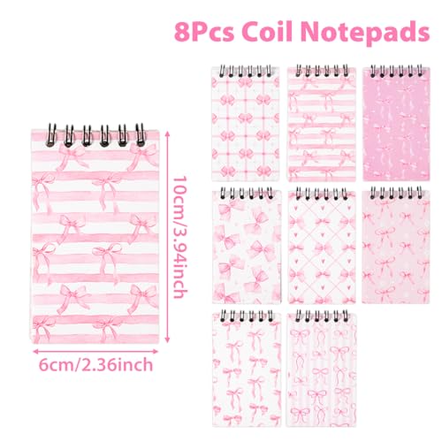 8 Pcs Mini Pink Bow Spiral Notebooks 3.9 x2.4 Inch, Cute Coquette White Pink Aesthetic Journal Lined Memo Pad with Different Bow Design, Preppy Top Spiral Notebook for Women Birthday Party Gifts Home - color: Pink Bow