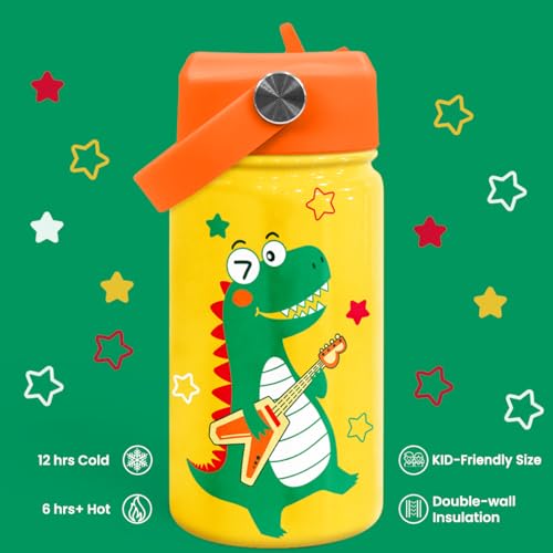 Dinosaurs Water Bottle - Dino Kids Water Bottle with Straw Lid - 12 Oz Insulated Stainless Steel Water Bottles for Kid Boys - Travel Cup for School Sports - color: Dinosaur 3