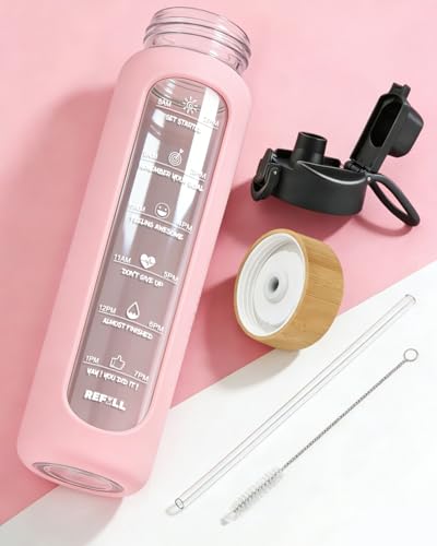 Nefeeko 32 oz Glass Water Bottles with Straw, Motivational Time Marker, 1 Liter BPA FREE Leakproof Reusable Glass Water Bottle with Silicone Sleeve, Bamboo Lid, Spout Lid - color: Pink