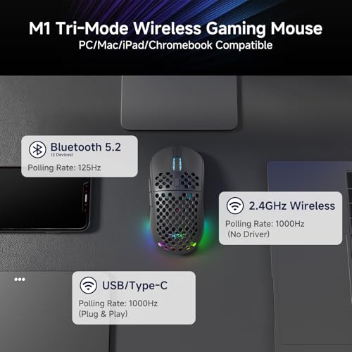 DIERYA M1 Wireless Gaming Mouse, 24000DPI, 180Hrs Battery, 16.8M RGB, 6 Programmable Buttons, Lightweight, Tri-Mode (2.4G/BT5.2/USB-C) for PC/Mac/Laptop - Black - color: Black