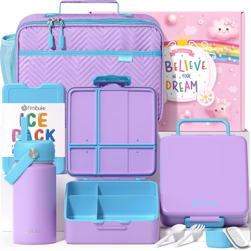 Fimibuke Kids Bento Lunch Box with 4 Compartments, Insulated lunch Bag, Stainless Steel Insulated Water Bottle, Ice Pack & Utensils Set, Birthday Gifts for Ages 3-12 Back to School Toddler Girls Boys - color: A9. Cotton Candy