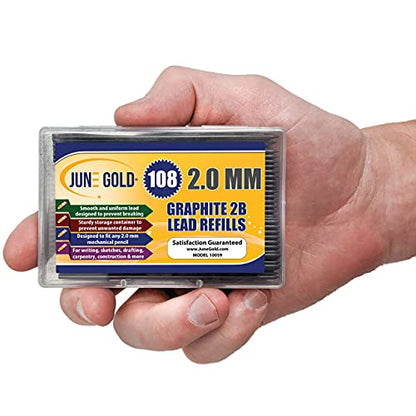 June Gold 2.0 mm, 108 Lead Refills, 2B, 90 mm Length, Sturdy Carrying Case | Extra Bold Thickness, Break Resistant Graphite, Sketching, Shading, Blending, Construction, Carpentry - color: 2b Graphite, style: 2.0 mm