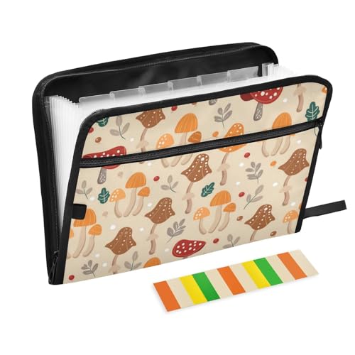 Mushroom Pattern Design Expanding File Folder with Sticky Labels, 13 Pockets Accordion File Folder Document Organizer Expandable Zip File Folder with Zipper Closure - color: Mushroom Pattern Design