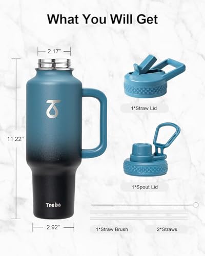 Trebo Insulated Water Bottle 40oz Fits in Car Cup Holder with Side Handle | Stainless Steel Metal Tumbler with Straw Spout Lids, Triple-Wall Vacuum Copper Plated, Cold 48 Hrs Hot 24 Hrs for Travel, Gym - color: Indigo Black, size: 40 Ounces