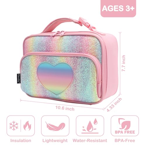 FlowFly Kids Lunch box Insulated Soft Bag Mini Cooler Back to School Thermal Meal Tote Kit for Girls, Boys,Glitter-RainBow - color: Glitter-RainBow