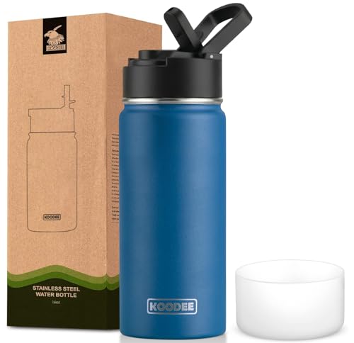 koodee Water Bottle with Straw 16 oz Stainless Steel Double Wall Vacuum Insulated Water Bottle BPA Free, Boys Water Bottle for School (Navy) - color: navy-A, size: 16 Ounces