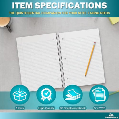 1InTheOffice 1-Subject Wirebound Notebook, College Ruled, 80 Sheets, Spiral Notebook 5x7, 7 3/4" x 5", 3/Pk