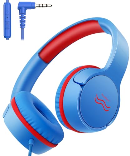 Wired Kids Headphones with Mic, Foldable, Volume Control Safe Listening(85/94dB), 3.5mm Jack on-Ear Headset for Chilren/Teens/School/Travel/Plane/Ipad/Tablet/Laptop,Blue-Red - color: BlueRed