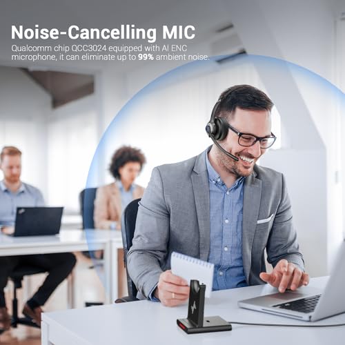 JIAMQISHI Bluetooth Headset - Wireless Headset with Noise Cancelling Microphone, V5.2 Computer Headphones with USB Dongle, Charging Base & Mic Mute for Work/Call Center/PC/Laptop/Online Class/Zoom - color: Black