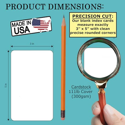 100 Unruled 3x5 Index Cards Blank White Heavy Rounded Corners -Study Note Cards, DIY Flash Cards, Message Notecards, Recipe Cards -Unlined Bleedproof for Handwriting Heavyweight Cardstock -Made in USA