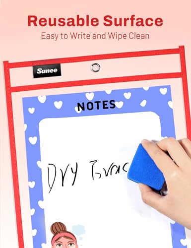 SUNEE 6 Packs Oversized Reusable Dry Erase Pocket Sleeves with Ring, Red 10x14 Ticket Holders, Clear Plastic Sheet Protectors, Teacher School Classroom Supplies - color: Red, style: 6 Pack