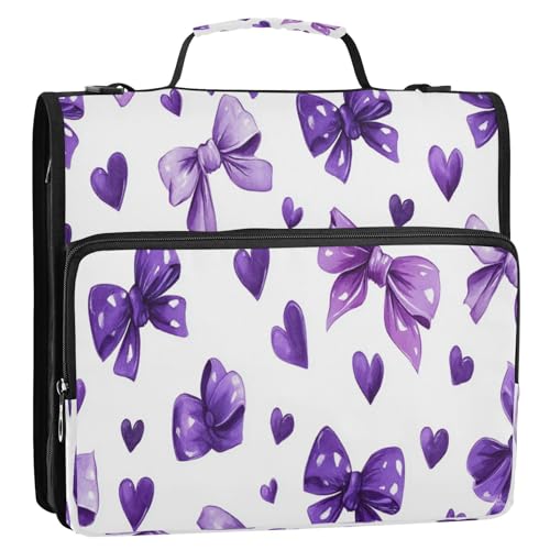 Caikeny 3 Ring Zipper Binder Purple Bows Kawaii Hearts 1.5 inch Binders Bag Coquette Expanding File Pockets with Shoulder Strap and Handle - color: Multicolored 1z83.4