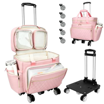 SIYNPAV 5-Wheeled Rolling Teacher Bag with Detachable Trolley, 15.6 Inch Laptop Sleeve & Accordion File Organizer, Large Capacity Teacher Tote with Cup Holder for School Office, Pink