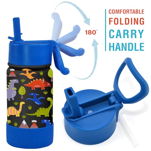 CHILLOUT LIFE 12oz Kids Insulated Stainless Steel Water Bottle with Leak Proof Straw Lid & 144 Stickers - color: Dinosaur, style: 12 oz